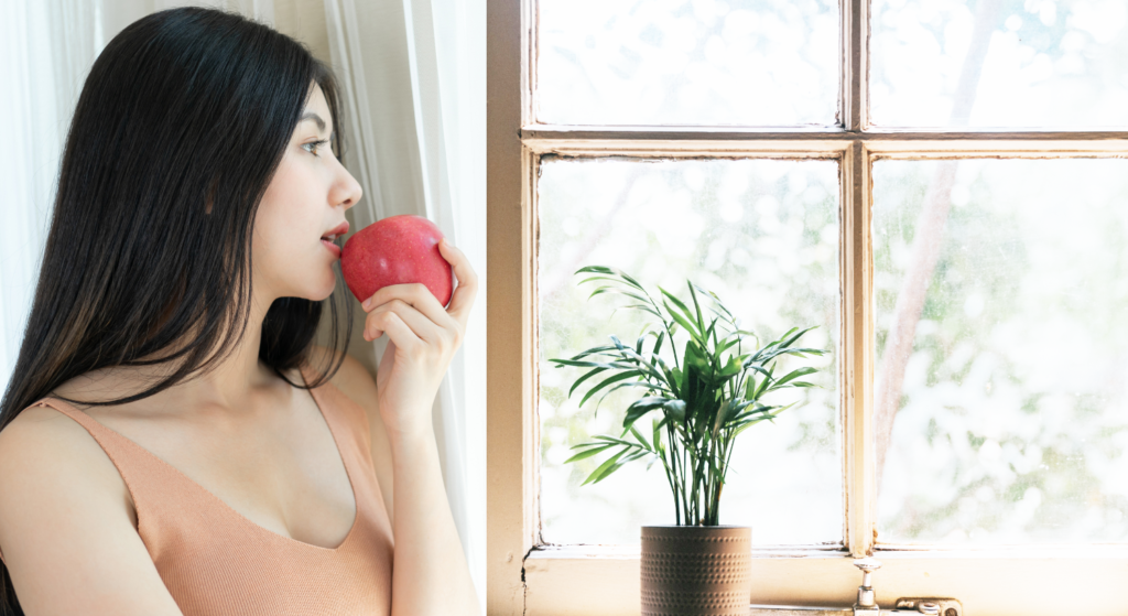 窓際で外を眺めながら、リンゴを口元に左手で持っている髪の長い若い女性